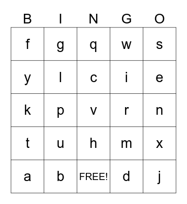 LOWER CASE LETTERS Bingo Card