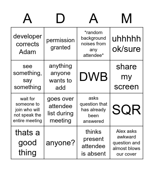 Adam Bingo Card