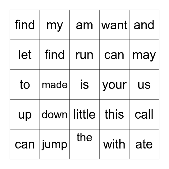 Sight Word Bingo Card
