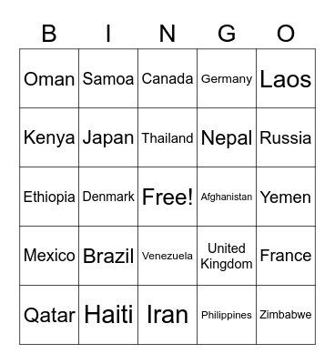 A to Z Nations of the World BINGO Card
