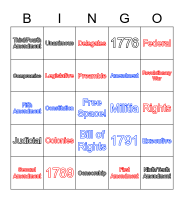 U.S. Constitution and Bill of Rights Bingo Card