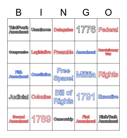 U.S. Constitution and Bill of Rights Bingo Card