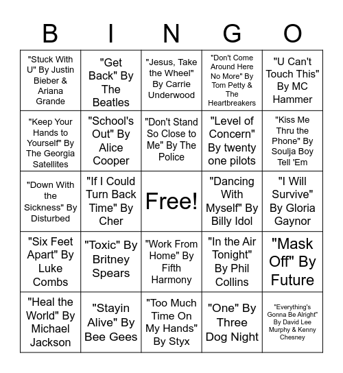 Quarantine Song Bingo Card