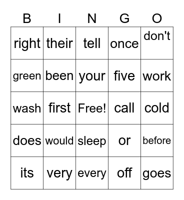 sight words Bingo Card
