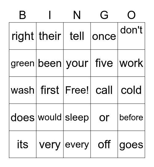 sight words Bingo Card