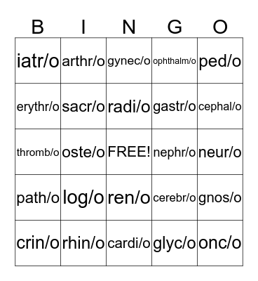 Medical Terminology Chapter 1 Bingo Card