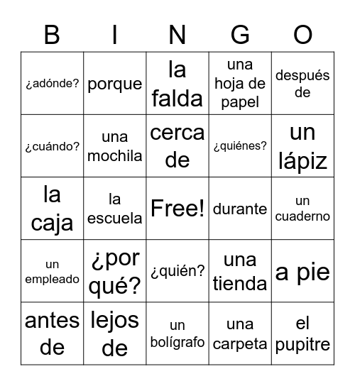 Capítulo 3 Vocabulario Bingo Card