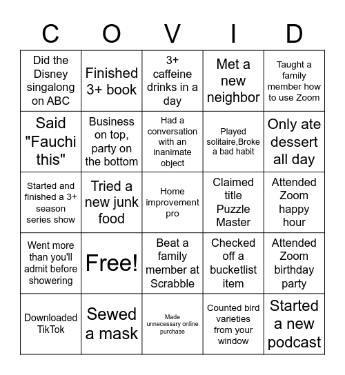 Quarantine Bingo Card