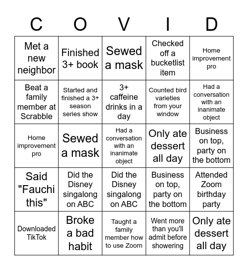 Quarantine Bingo Card