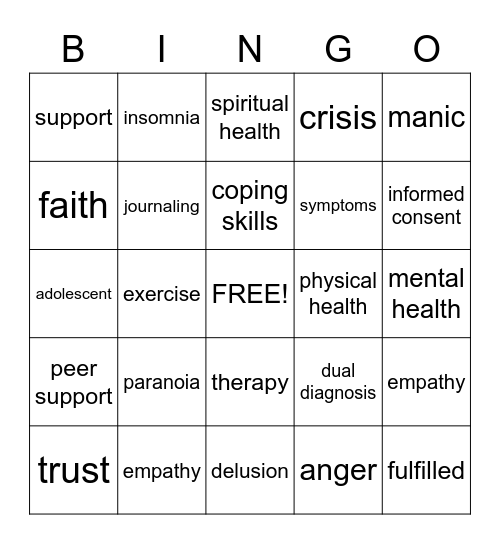 Mental Health Bingo Card