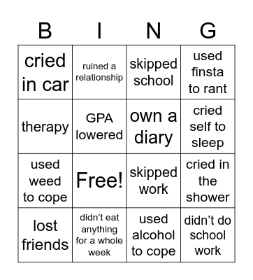 mental illness bingo Card