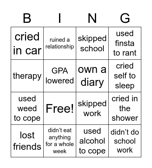 mental illness bingo Card