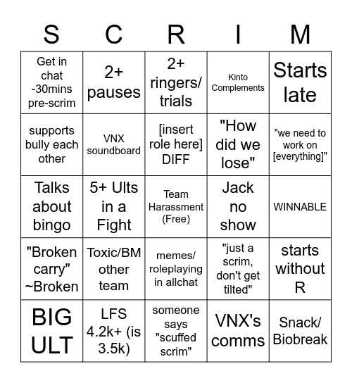 Scrim bingo version 3.5 Bingo Card