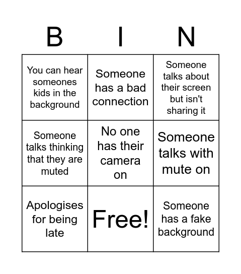 AEMO Zoom Bingo Card