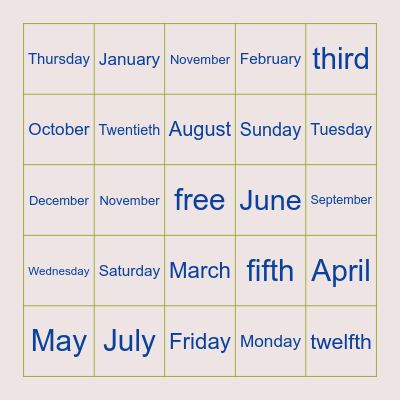 Month, Day  & Ordinal Numbers Bingo Card