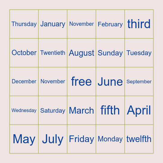 Month, Day  & Ordinal Numbers Bingo Card