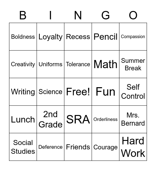 Our 2nd Grade Year! Bingo Card