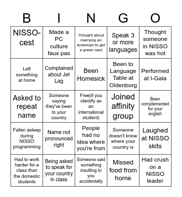 Intl Students BINGO Card
