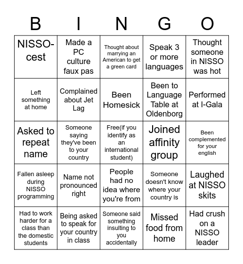 Intl Students BINGO Card