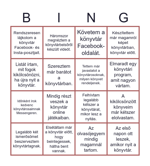 Könyvtár rajongók bingója Bingo Card