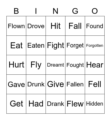 Irregular Verbs Bingo Card
