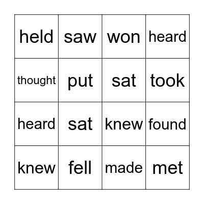 Irregular Verbs Past Tense Bingo Card
