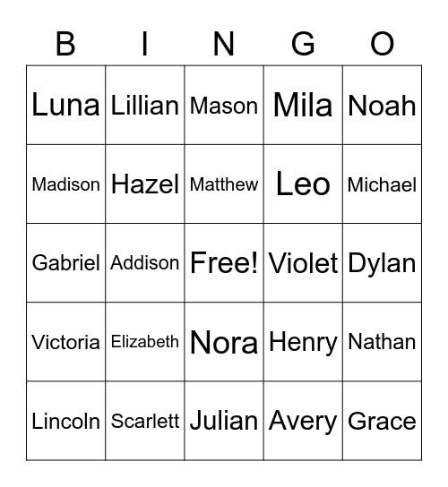 Baby Names Bingo Card