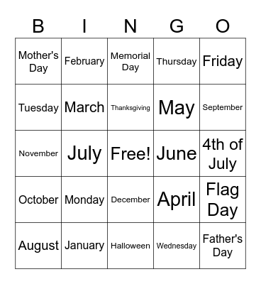 On The Calendar Bingo Card
