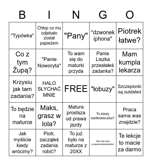 THE PANTAK BINGO Card