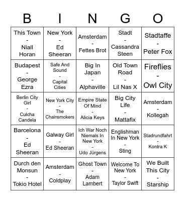Big City Beats Bingo Card
