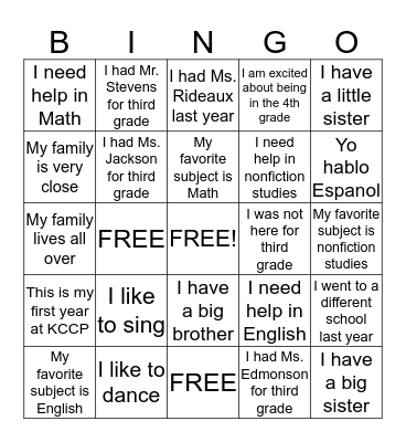 Getting to know you Bingo Card