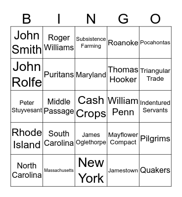 UNIT II 13 Colonies BINGO Card