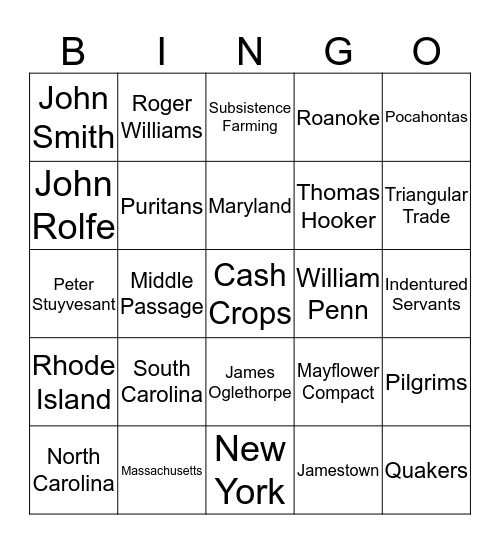 UNIT II 13 Colonies BINGO Card