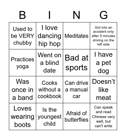 Get to know your colleagues: Ching Yi Bingo Card