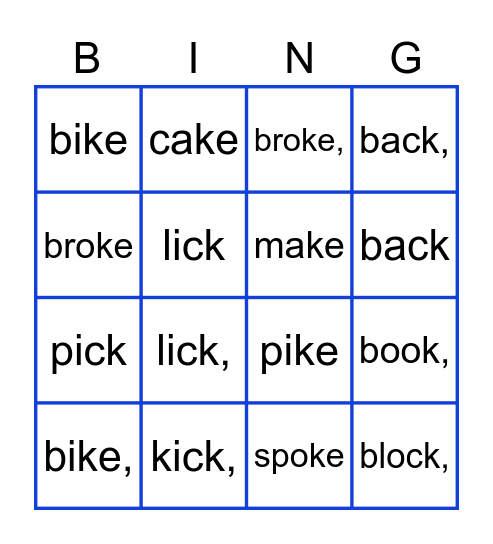 Final /k/ sound Bingo Card