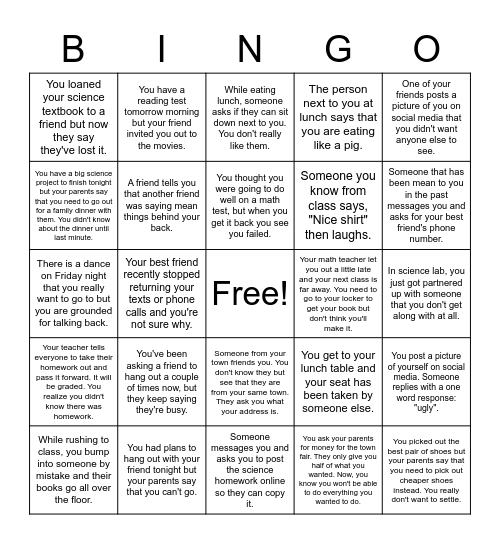 Social Problem Solving Bingo Card
