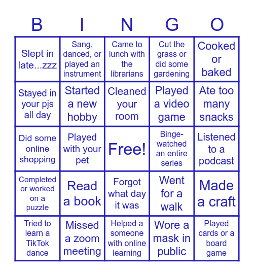 Things You Might Do in Quarantine LMS Bingo Card