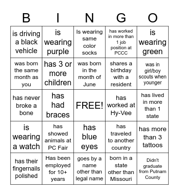 FIND AN EMPLOYEE WHO Bingo Card
