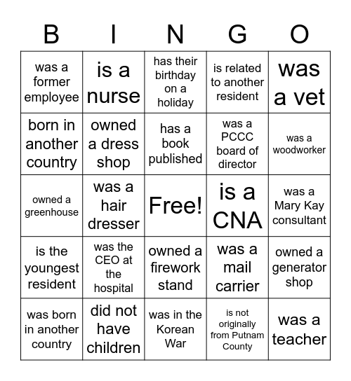 FIND A RESIDENT WHO Bingo Card