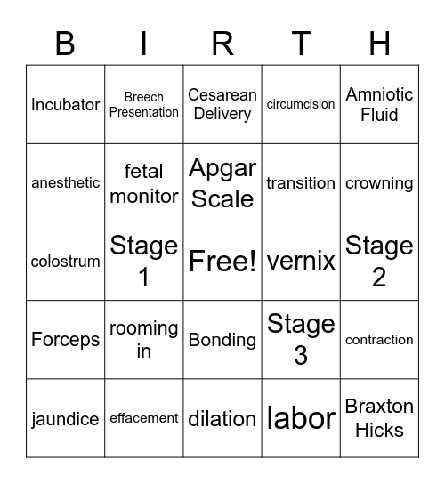 The Birth Process Bingo Card