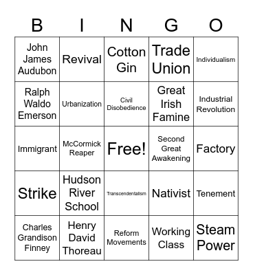 U.S. in the 1800's Bingo Card