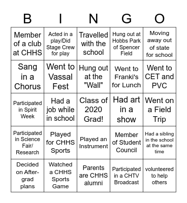 CHHS Senior Bingo Card