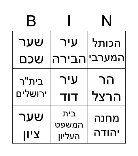 יום ירושלים Bingo Card