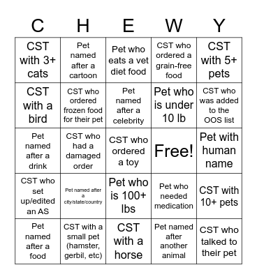 Chewy Training Pet Name BINGO Card
