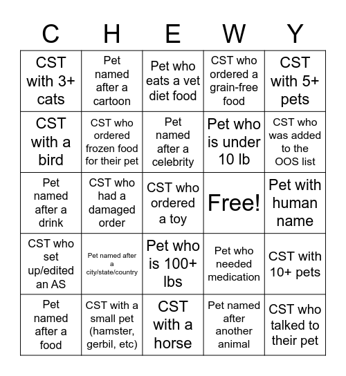 Chewy Training Pet Name BINGO Card