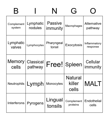 Lymphatic & Immune BINGO Card