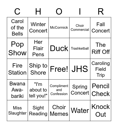 19-20 Choir Bingo Card