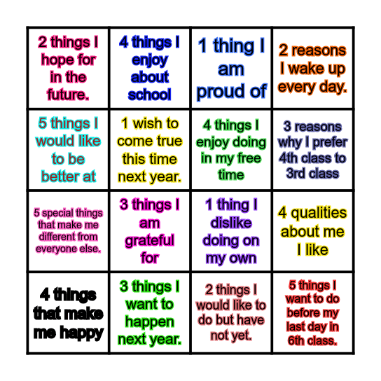 Me, Myself and I Bingo Card