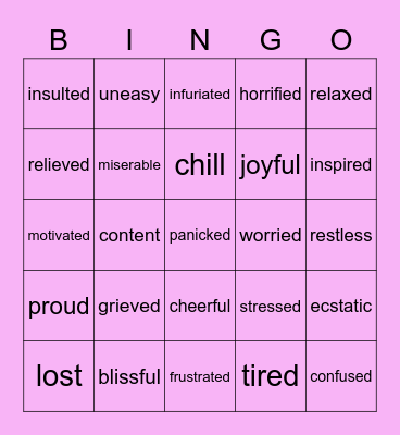 4th Grade Emotions Words Bingo Card