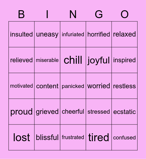 4th Grade Emotions Words Bingo Card